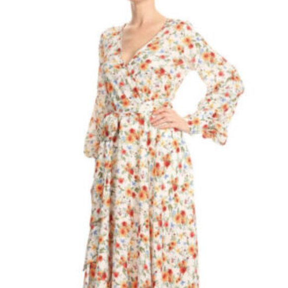 LA Fatima Pink V Neck Floral Chiffon Maxi Dress - Picture 1 of 3